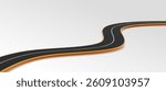 3D road highway curve with black asphalt surface and yellow edges. White dividing line runs through center of realistic winding path. Minimalist racing track design for infographic elements.