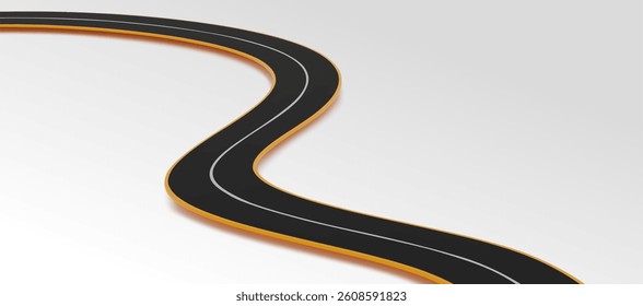 3D road highway curve with black asphalt surface and yellow edges. White dividing line runs through center of realistic winding path. Minimalist racing track design for infographic elements.