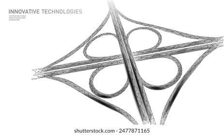 3D road junction transport system, intersection of two roads. Expressway cross night. Polygonal low poly lines glowing vector illustration background
