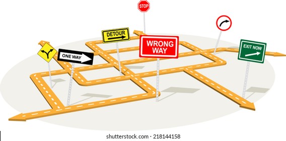 3D road junction with warning traffic signs 