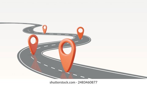 3d Road map. Pin icon symbol or gps travel route navigation marker and transportation place pointer. 3d rendering. Vector illustration