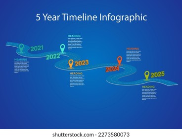 3d cronología de la hoja de ruta Círculo y marcador de distancia 5 años con texto para la planificación del crecimiento empresarial, marketing, inversión en fondo de gradiente azul