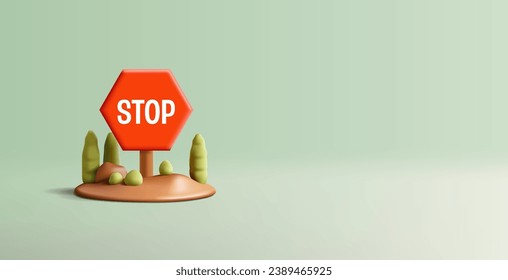 3D road red STOP sign with nature landscape elements. For concepts of parks, social advertising, countryside. The image on green body.