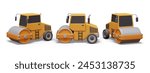 3D road roller in different positions. Heavy equipment for road leveling