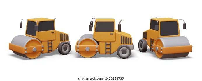 3D road roller in different positions. Heavy equipment for road leveling