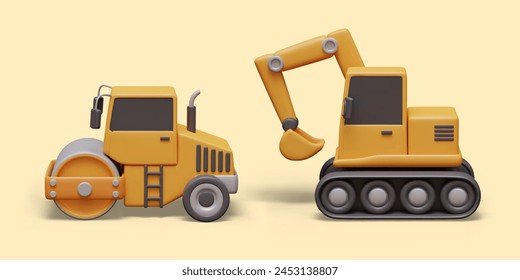 3D road roller, excavator, side view. Modern heavy construction equipment