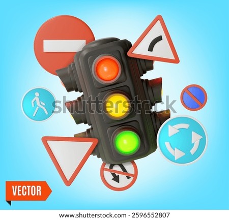 3d Road Rules Save Lives Concept Background with Traffic Light Illuminated and Road Signs Around Cartoon Design Style. Vector illustration