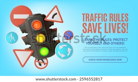 3d Road Rules Save Lives Concept Ads Banner Promotion Poster Card with Traffic Light Illuminated and Road Signs Around. Vector illustration