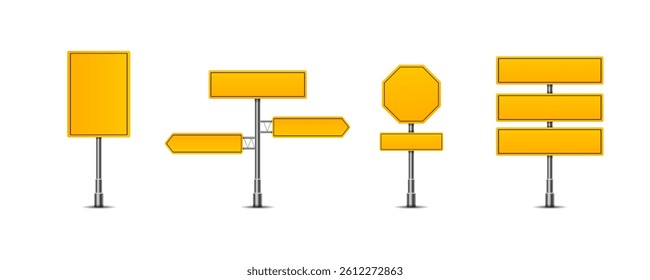 3D road signboard with yellow warning and blank plate shows traffic direction on metal pole with empty mockup and city background for outdoor signage design and travel guidance concept