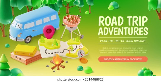 3d Road Trip Aventura Viagem e Turismo Conceito Anúncios Banner Cartaz. Ilustração vetorial de Camper Van