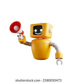 3D Robot Chatbot Holding Megaphone In Science And Business Technology And Engineering Concept 3D Rendering