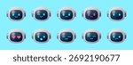 3D robot emoji set with multiple emotions and expressions. Futuristic AI chatbot mascot icons, cute cartoon digital assistant faces isolated on white background for modern design and technology