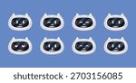 3D robot emoji set with multiple emotions and expressions. Futuristic AI chatbot mascot icons, cute cartoon digital assistant faces isolated on white background for modern design and technology.