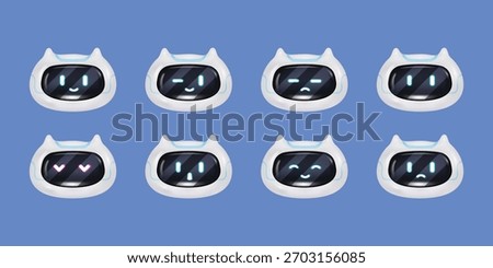 3D robot emoji set with multiple emotions and expressions. Futuristic AI chatbot mascot icons, cute cartoon digital assistant faces isolated on white background for modern design and technology.
