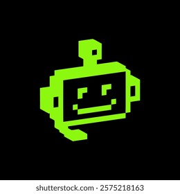 3D robot head icon. Bot. Support. Chatbot emoji. Y2k trendy collage sticker. 3D pixel art green element. Simple modern geometric shape. Voxel. Mood of 90s aesthetics. Retro style vector illustration