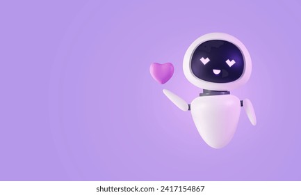 3D robot holding heart. AI Chat bot with love in his eyes. Cartoon character render in plastic style. Artificial intelligence server technology. Online communication, support assistance. Vector banner