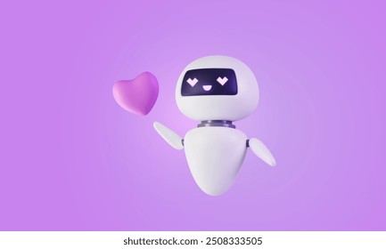 3d robot holding purple cartoon heart. Thanksgiving, greeting concept. AI Chat bot in love. Cute neural character. Network customer support service. Artificial intelligence technology. Vector art