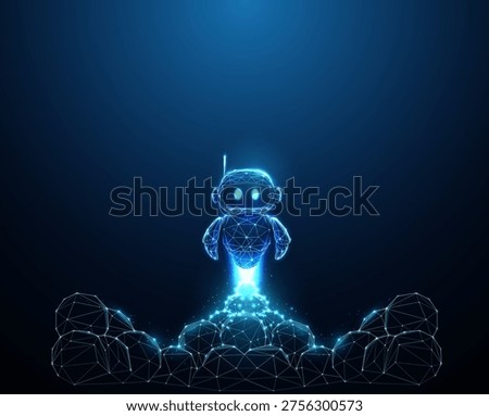 3d robot launching upward surrounded by clouds of smoke. AI startup launch, rapid deployment, technology breakthrough, innovation boost, automation activation concept. Futuristic digital style Vector.