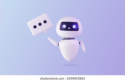 3D robot with speech bubble. Friendly artificial intelligence character. Neural network chat bot, AI servers technology. Online communication, virtual support assistance. Vector illustration