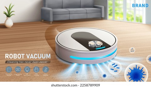 3D Robot vacuum cleaner removing different sizes of dusts, mold, bacteria, and any airborne particles in living room. Concept of vacuum cleaner filtering and cleaning