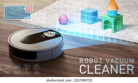 3D Robot vacuum scanning toys on carpet on the wooden floor. Electronic cleaner feature of boundary setting or detecting obstacles