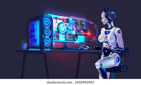 3d Robot woman with AI used computer sitting at desk. A cyborg girl looks at the monitor of a powerful desktop computer with an abstract interface. AI helps developers software. AI robot on workplace.