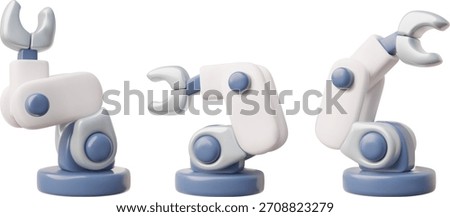 3D robotic arms, white and gray, in different positions and directions. Automated equipment for industry and manufacturing. Innovative technologies of the future. Vector cartoon illustration. Icons.
