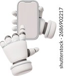 3D robotic hands, gray, holding a smartphone and tapping a blank screen, modern technology. Robotics, artificial intelligence, user interface. Vector cartoon illustration. Icon.