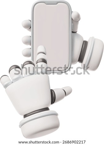 3D robotic hands, gray, holding a smartphone and tapping a blank screen, modern technology. Robotics, artificial intelligence, user interface. Vector cartoon illustration. Icon.