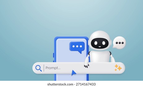 Robótica 3D con una burbuja de mensajes y un teléfono inteligente sobre fondo futurista. Barra generativa y asistente de IA. Inteligencia artificial. Tecnología de chatbot y asistencia de Asistencia. Ilustración vectorial.