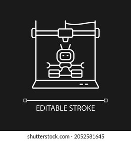 3d robots printing white linear icon for dark theme. Innovative robot building process. Thin line customizable illustration. Isolated vector contour symbol for night mode. Editable stroke