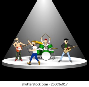 3d rock band musicians with instruments and microphone on performance stage under the light of spotlight on the concert. podium in the dark. vector art image illustration, isolated on black background