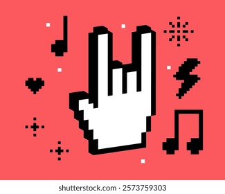 3D rock hand icon with music notes. Pixel art sticker for concert, festival. Y2k cool design element. Geometric modern shape for collage, poster. Vector illustration. Retro 90s style. Groovy pattern