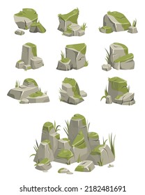 3d rock stone formations. Small boulder mountain with grass and moss, big icon with rocky texture, heavy piles. Cobblestones of various shapes, hard rock rubbles. Vector cartoon background