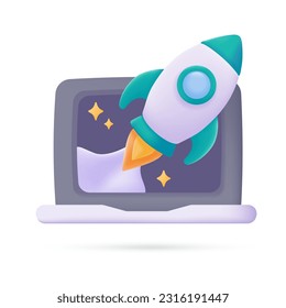 3D rocket coming out of computer monitor concept of commitment to business goals