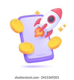 3D rocket flying from a mobile phone with gold coins Ideas for investing in risky assets to earn profits. 3D Vector Illustration.