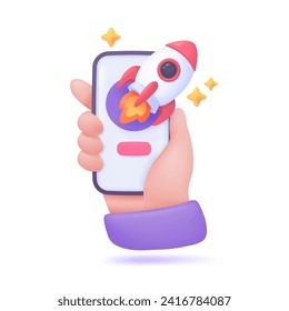 3D rocket flying from a mobile phone. Ideas for investing in risky assets to earn profits. 3D Vector Illustration.