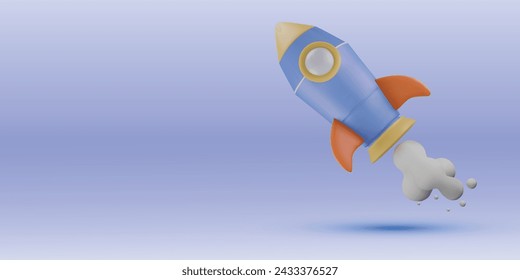 3D rocket flying realistic cartoon, anime symbol concept vector. Toy spaceship in copy space blue background vector.