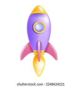 3D rocket icon, career boost concept, vector business creative startup launch universe space clipart. Pink cartoon spaceship career illustration on white. Success technology 3D rocket takeoff logo