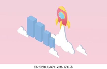 3D Rocket launch above bar chart, growing income, startup business, Business target achievement concept .on pastel background.3d handmade.3d goal for business, bank, finance, investment, money.