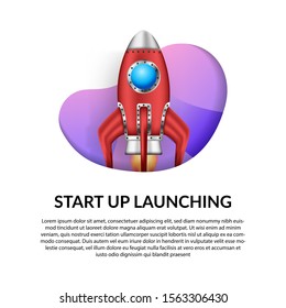 3D rocket launch with bubble papercut background. Illustration concept of grow, technology, futuristic, business start up.