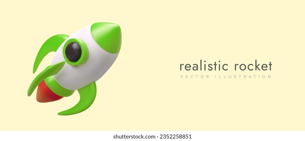 3D rocket launch in cartoon style. Space travel. Innovative technologies. Accelerated development of business, startup. Movement up, rise. Vector color template