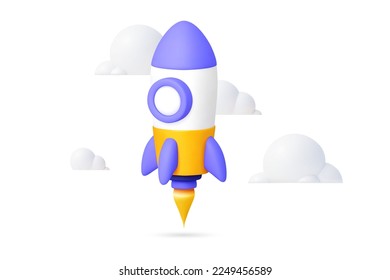 3d rocket launch project Flying space rocket render vector. 3d rocket launch into space white background vector illustration icon design element style minimal spaceship icon