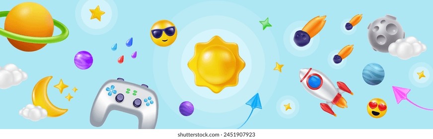 3D rocket. Space game icons. Metaverse elements. Spaceship discovery. Videogame joystick. Cartoon planet and comets. Cute realistic sky sun. Render galaxy. Happy emoji. Cosmos shape. Vector background