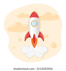 3d rocket in space. Startup metaphor. Businessman launches his project, aspiring entrepreneur. Technology and innovation, unusual way of development of organization. Cartoon flat vector illustration