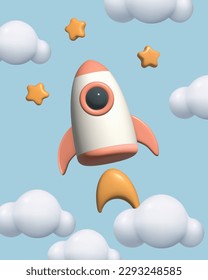 3D-Raketenstars und Wolken-Set. Cute Spielzeugcartoon fliegen Raumschiff am Himmel dreidimensionale Kinder Vektorgrafik.