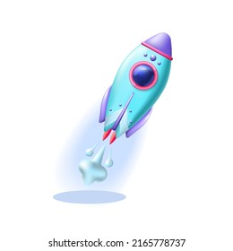 3D rocket starts and flies up, isolated on a white background.