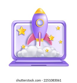 3D rocket startup, laptop screen business icon, vector business new project growth sign, stars smoke. Online digital education concept, spaceship launch cartoon logo. 3D rocket creative illustration