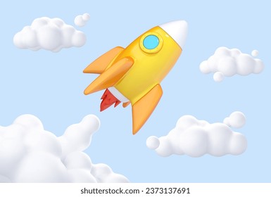 3D rocket taking off. Clouds and smoke from a rocket taking off. Business startup concept. Vector 3d illustration