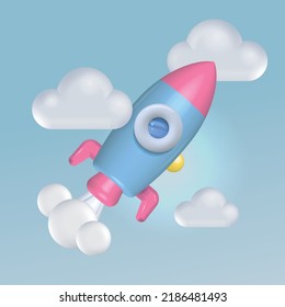 3.ª lanzadera. Nubes realistas y humo de un cohete que despega. Objeto vectorial 3d aislado en un fondo azul del cielo